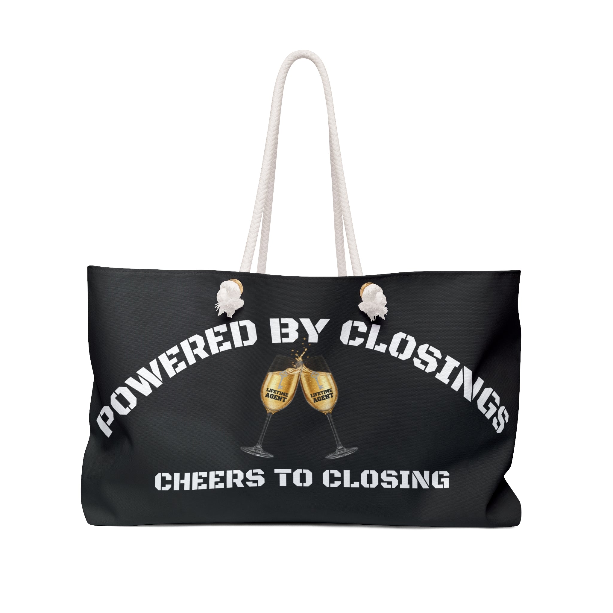 "Powered by Closings" Cheers Black/White Travel Tote