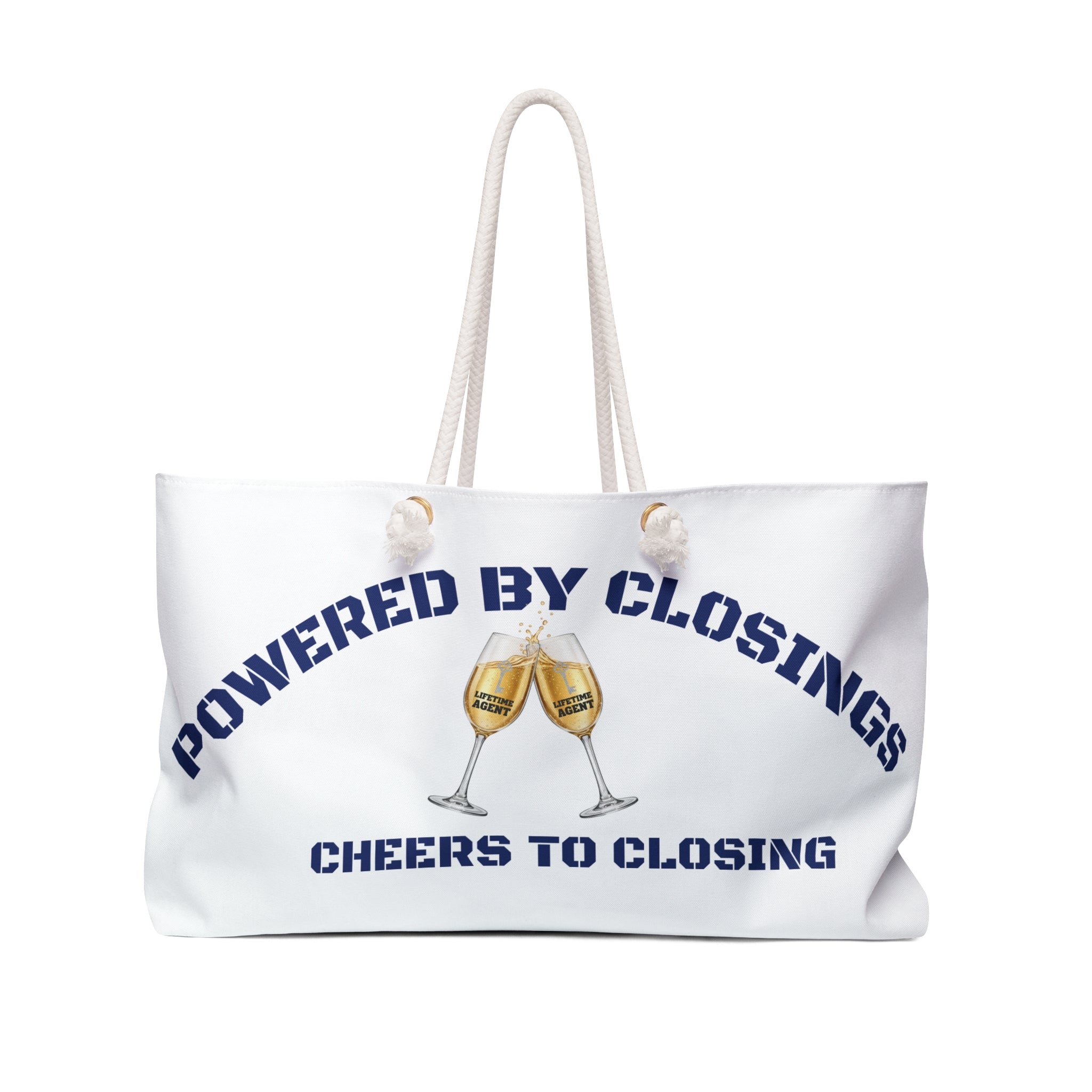 "Powered by Closings" Cheers Navy/White Travel Tote