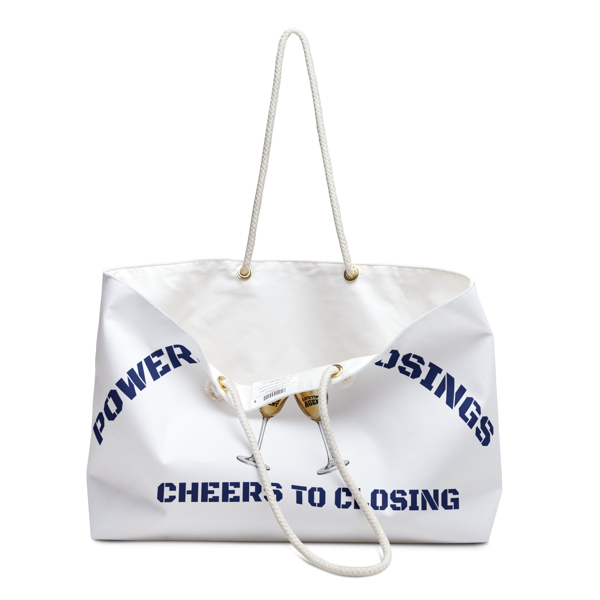 "Powered by Closings" Cheers Navy/White Travel Tote