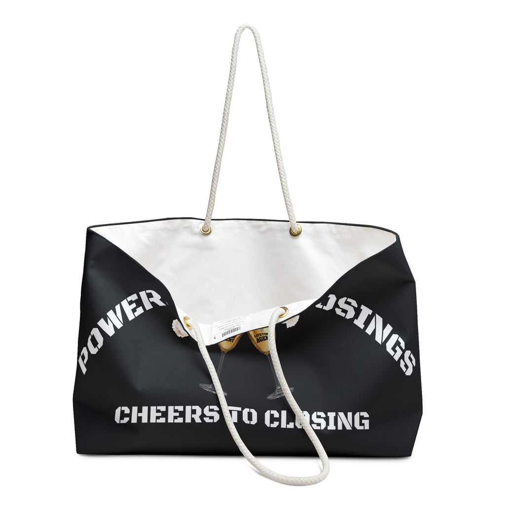 "Powered by Closings" Cheers Black/White Travel Tote