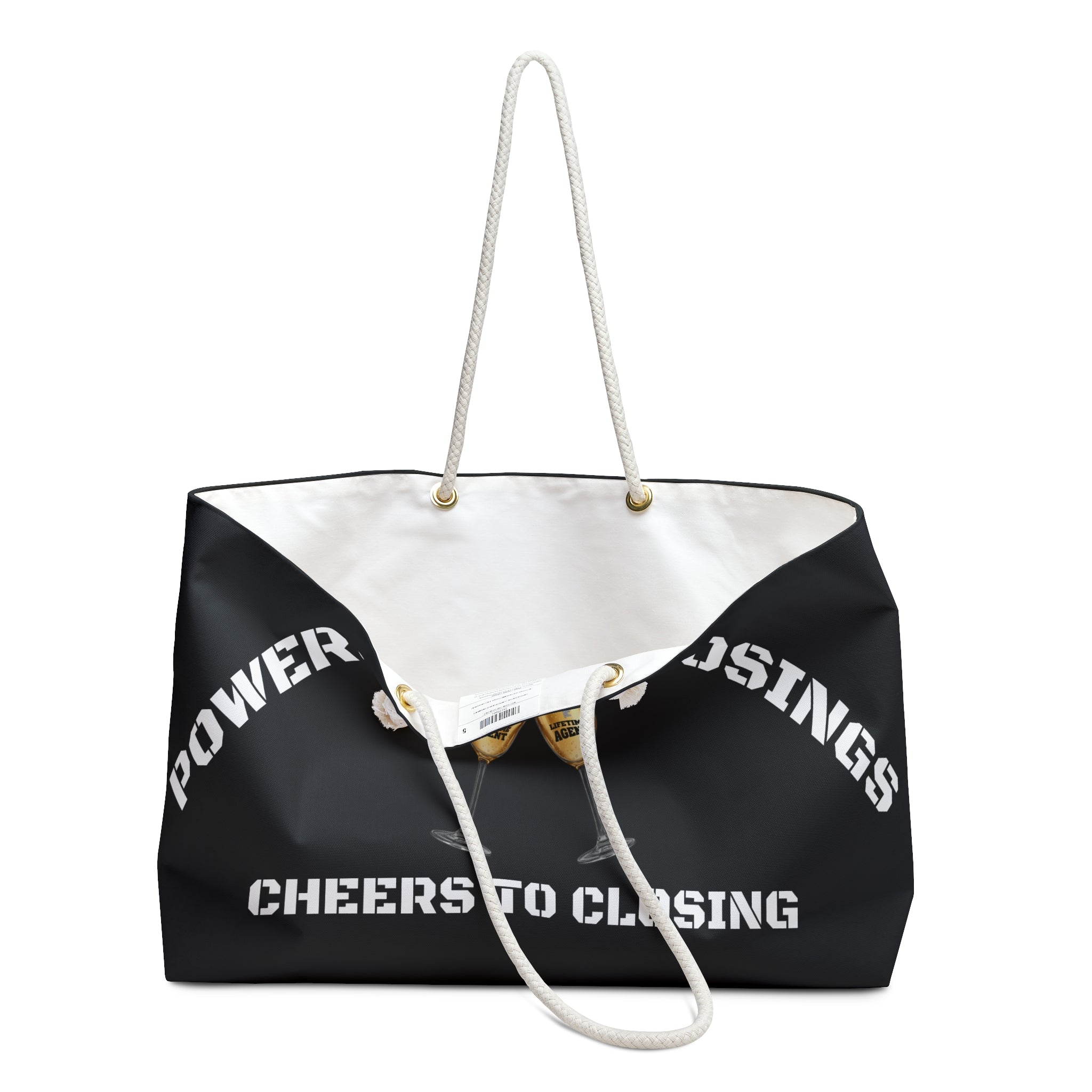 "Powered by Closings" Cheers Black/White Travel Tote