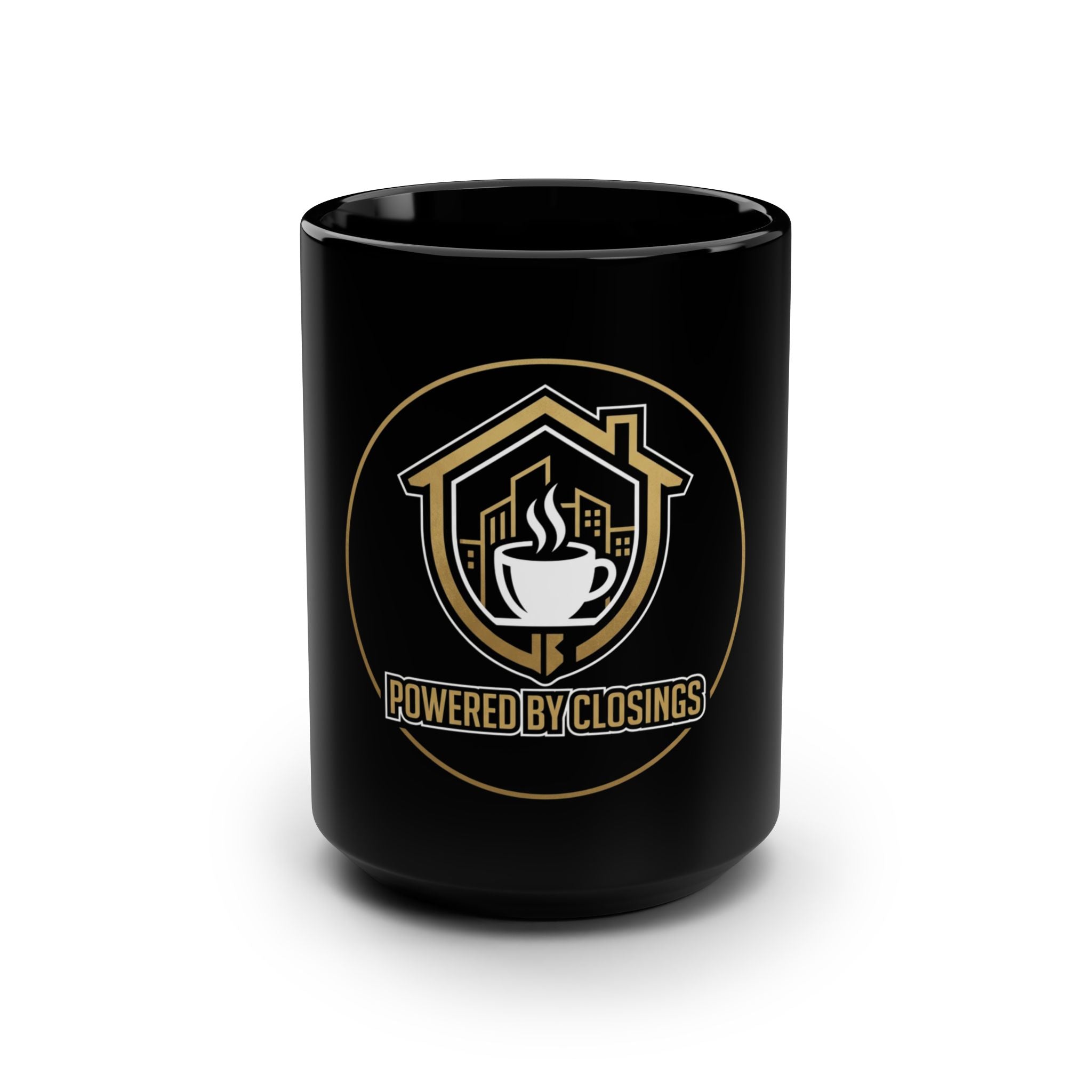Real Estate Agent Coffee Mug — "Powered by Closings" 15oz Black Ceramic