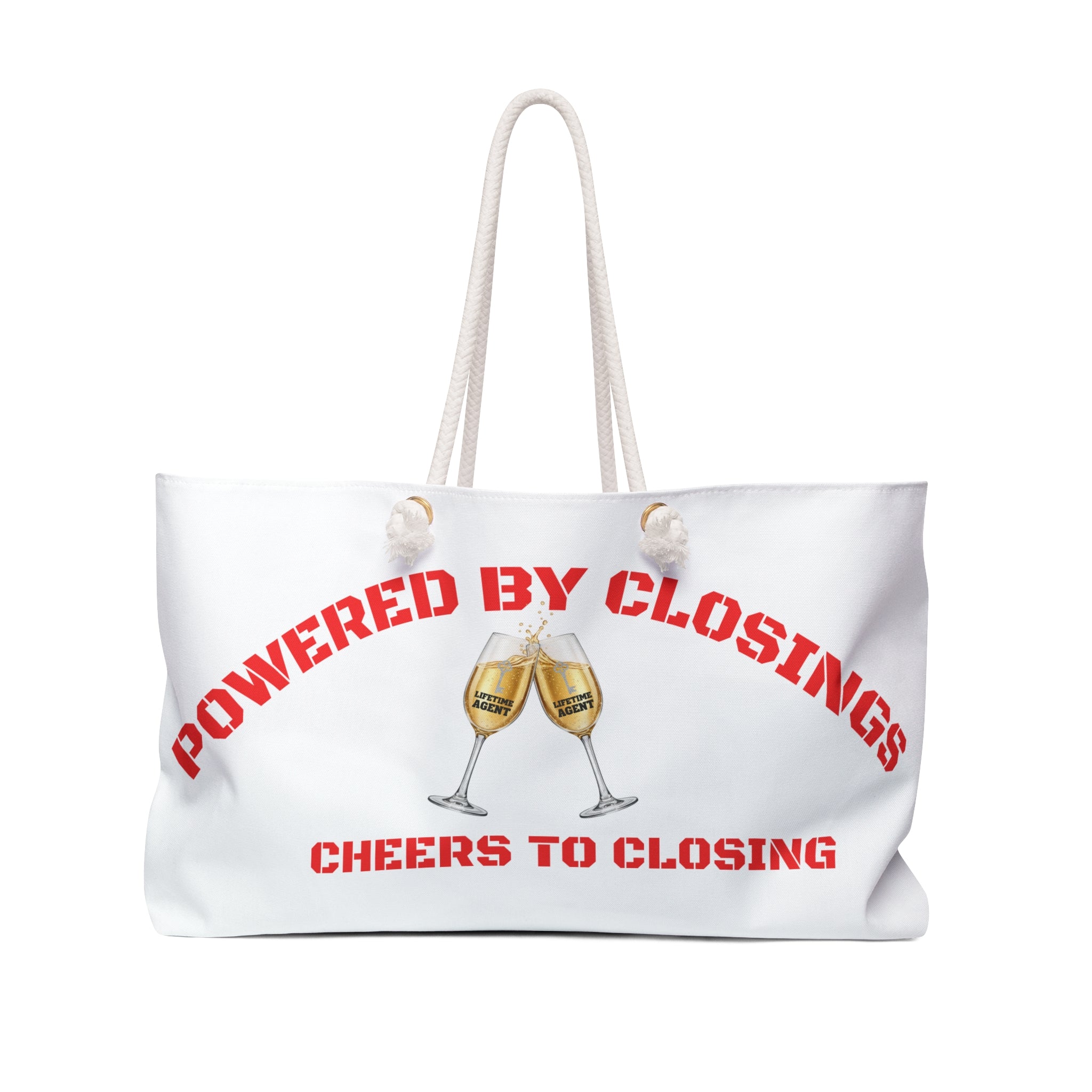 "Powered by Closings" Cheers Red/White Travel Tote