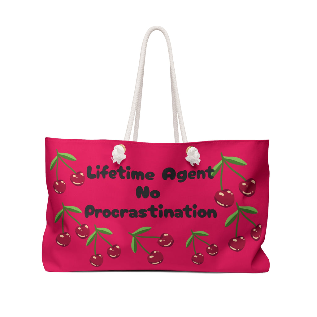 Weekender Bag — "Lifetime Agent No Procrastination" Raspberry/Cherry Print Travel Tote