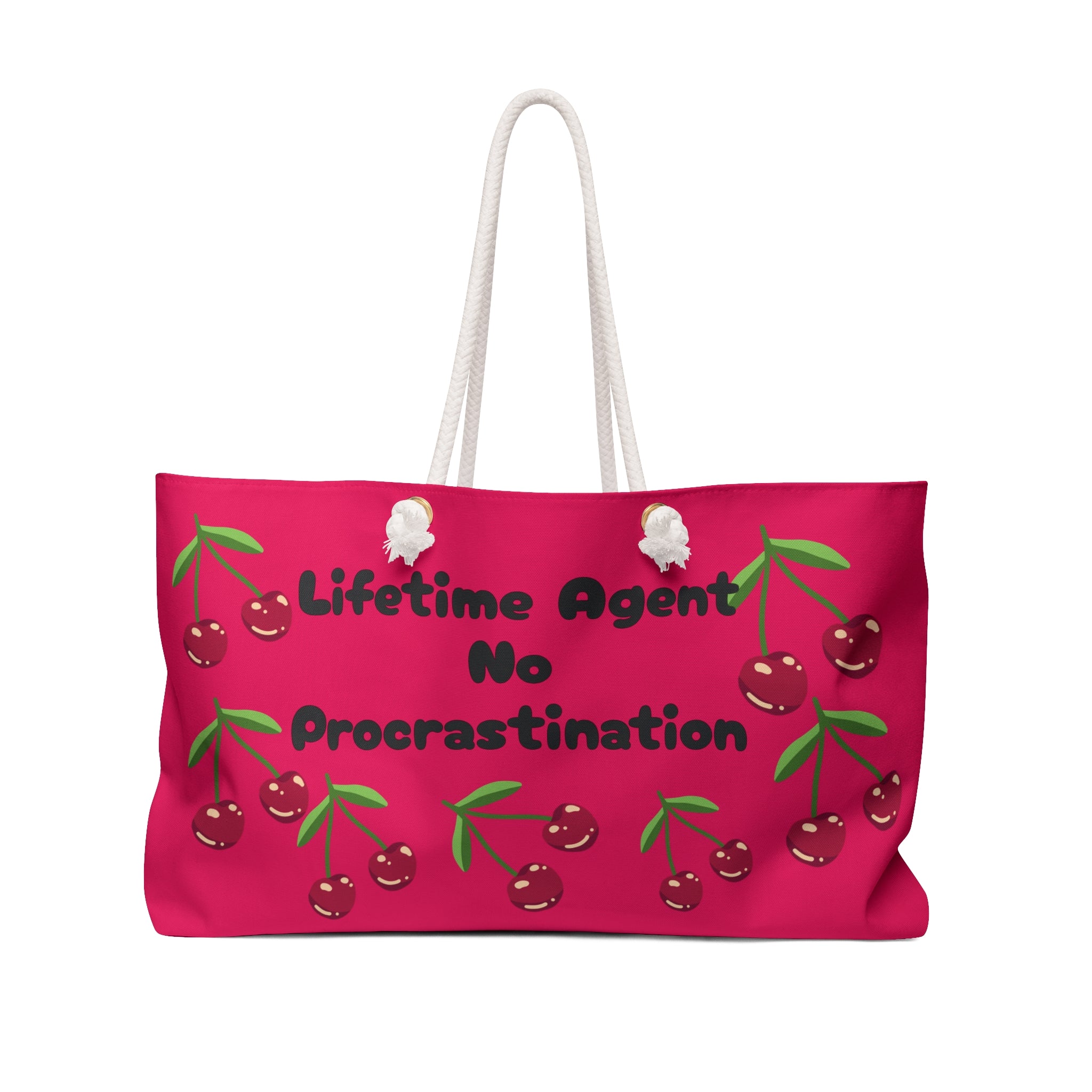 Weekender Bag — "Lifetime Agent No Procrastination" Raspberry/Cherry Print Travel Tote