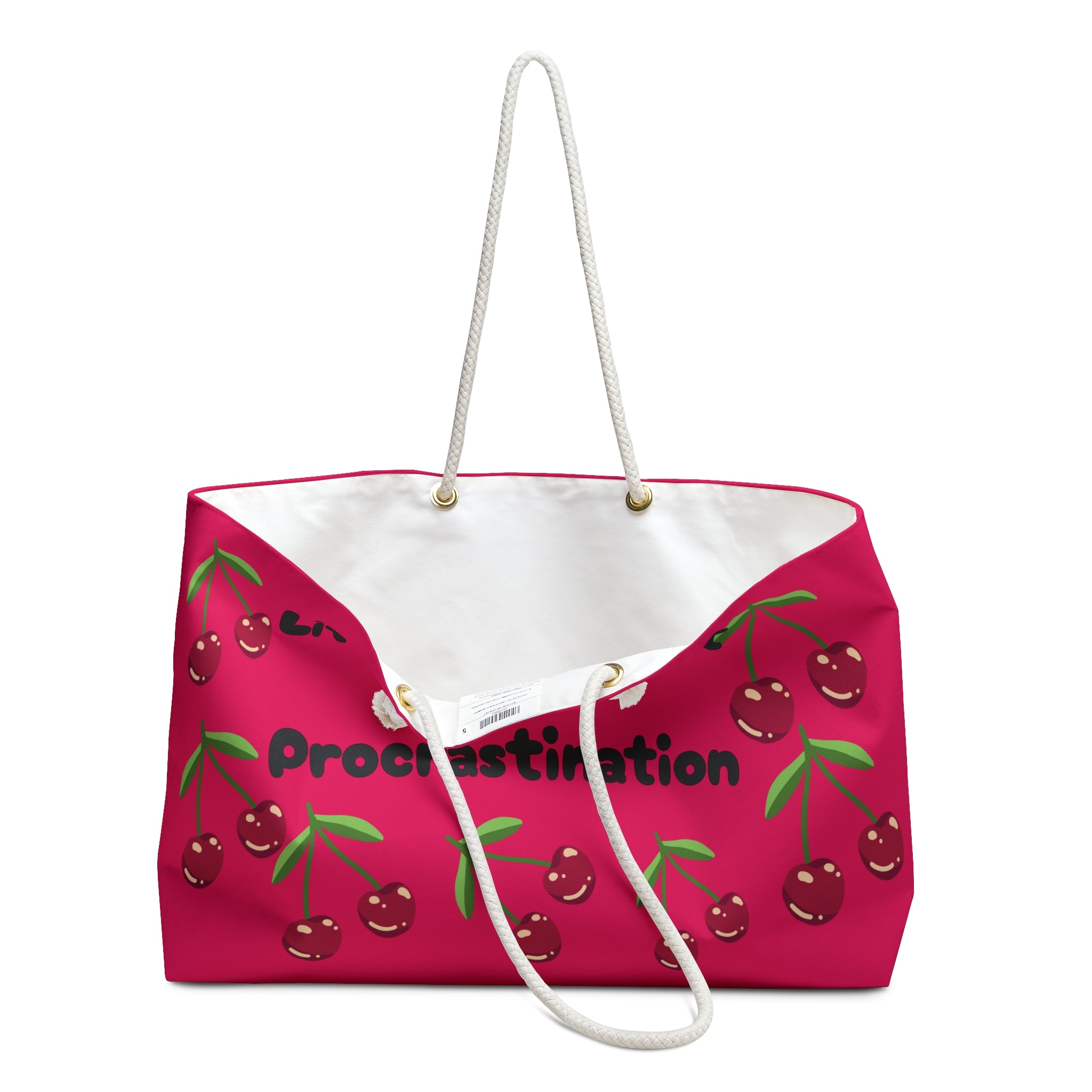 Weekender Bag — "Lifetime Agent No Procrastination" Raspberry/Cherry Print Travel Tote